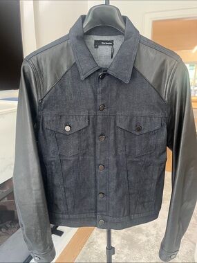 The Kooples Black Denim Jacket with Leather Sleeves